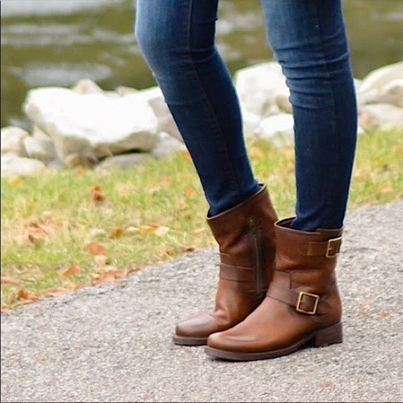 Frye Vicky Engineer Moto Brown Real Leather Belted Vintage Mid Calf Ankle Boot - Picture 3 of 16